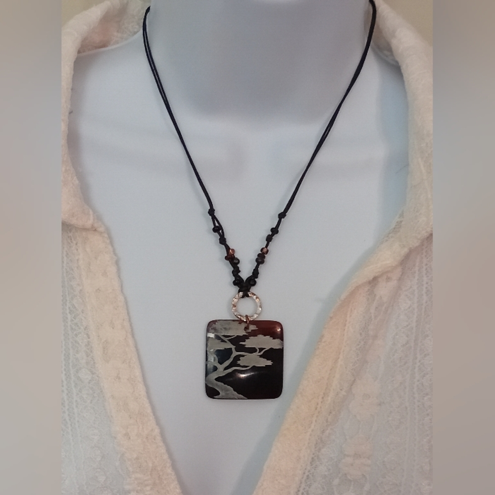 Elegant Black and Silver Toned Tree Pendant Necklace